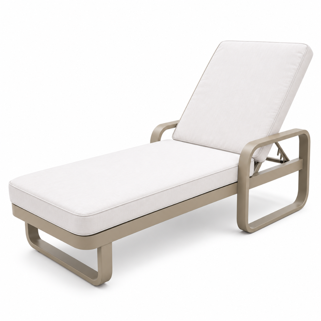 Portofino aluminium sun lounger with taupe frame and off-white cushions on a white background