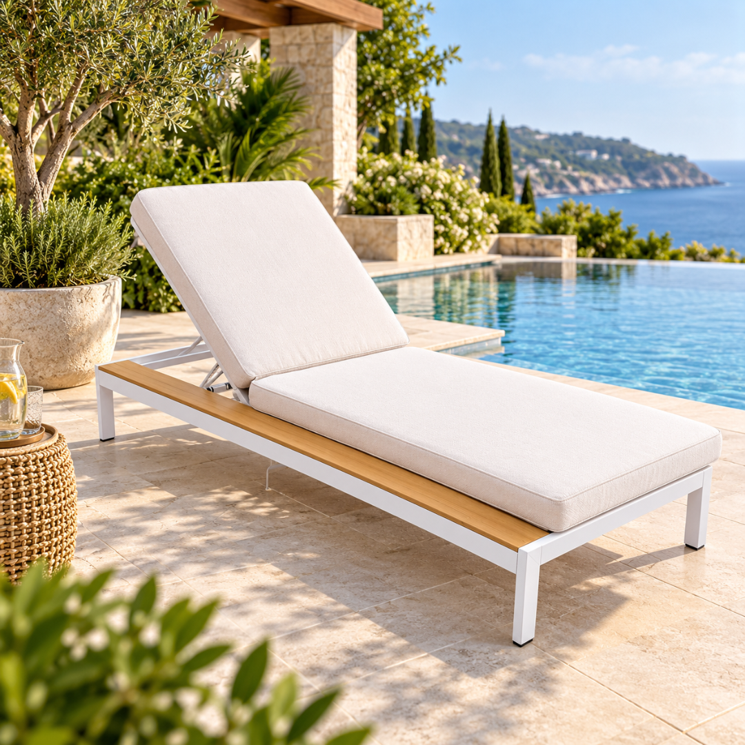 Wooden Twist Capri cushioned sun lounger with white metal frame and wood-look side shelf beside a sea-view pool