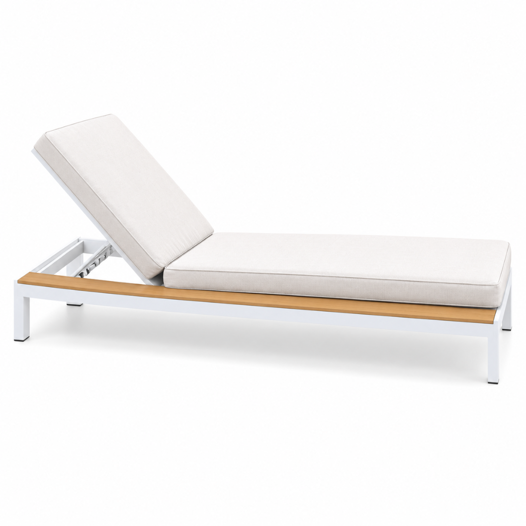 Side view of the Capri sun lounger showing the reclined adjustable backrest and slim white frame