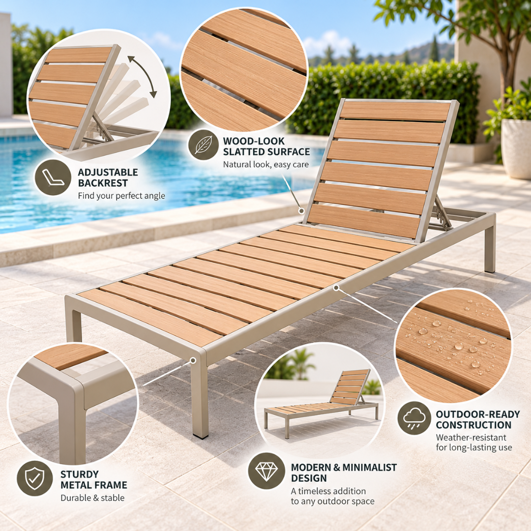 Solano sun lounger features: adjustable backrest, wood-look slatted surface, sturdy metal frame, outdoor-ready weather-resistant construction