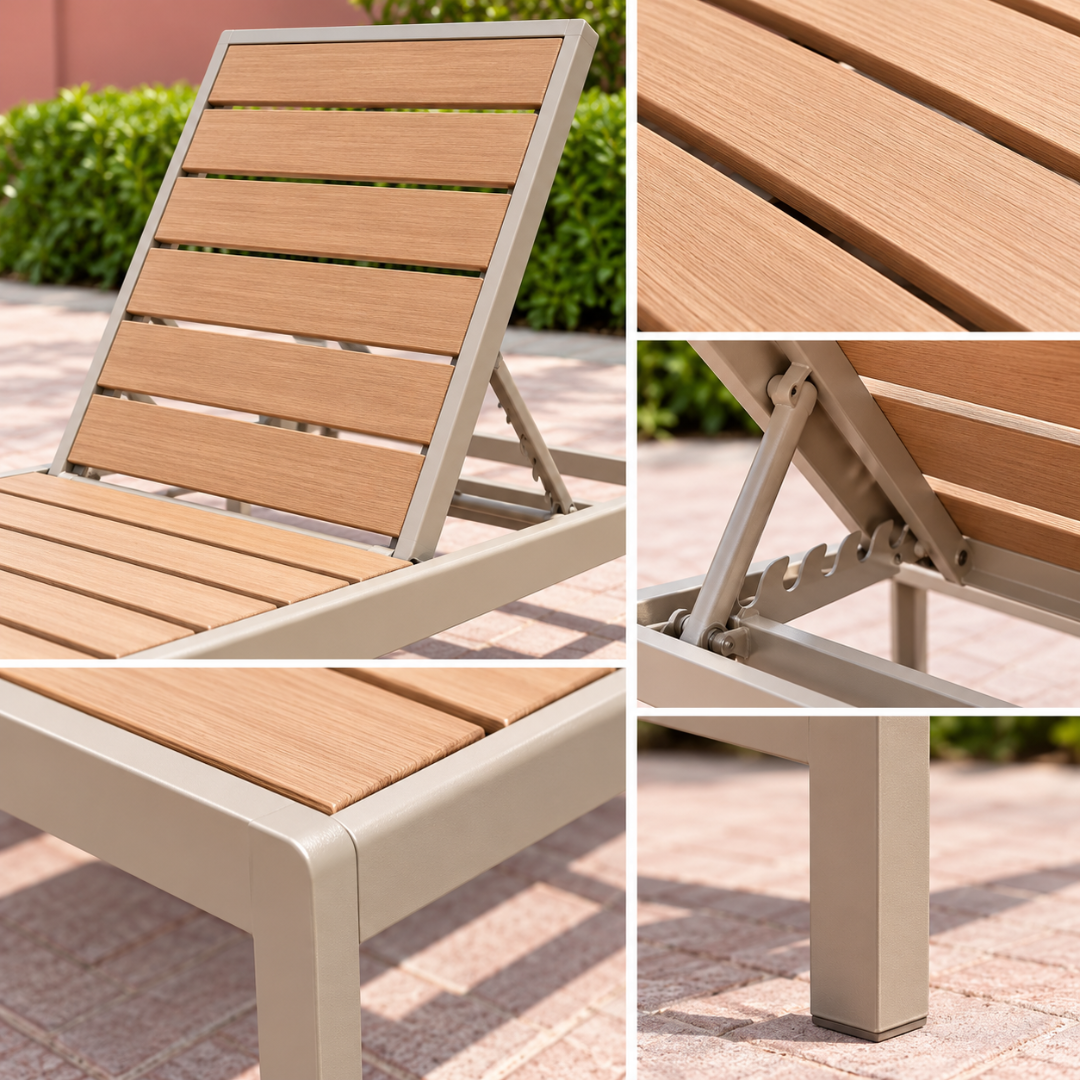 Close-up details of the Solano sun lounger: wood-look slats, notched backrest ratchet, frame corner and square aluminium leg