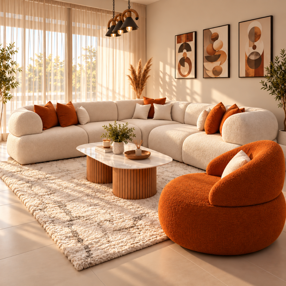 Wooden Twist Nuvola Modular Boucle L-Shaped Sofa with Rust Accent Chair – living room