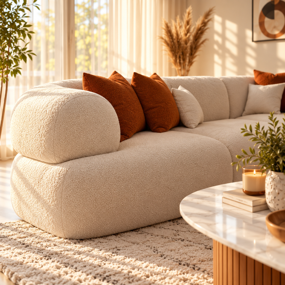 Wooden Twist Nuvola Modular Boucle L-Shaped Sofa – rounded arm module close-up
