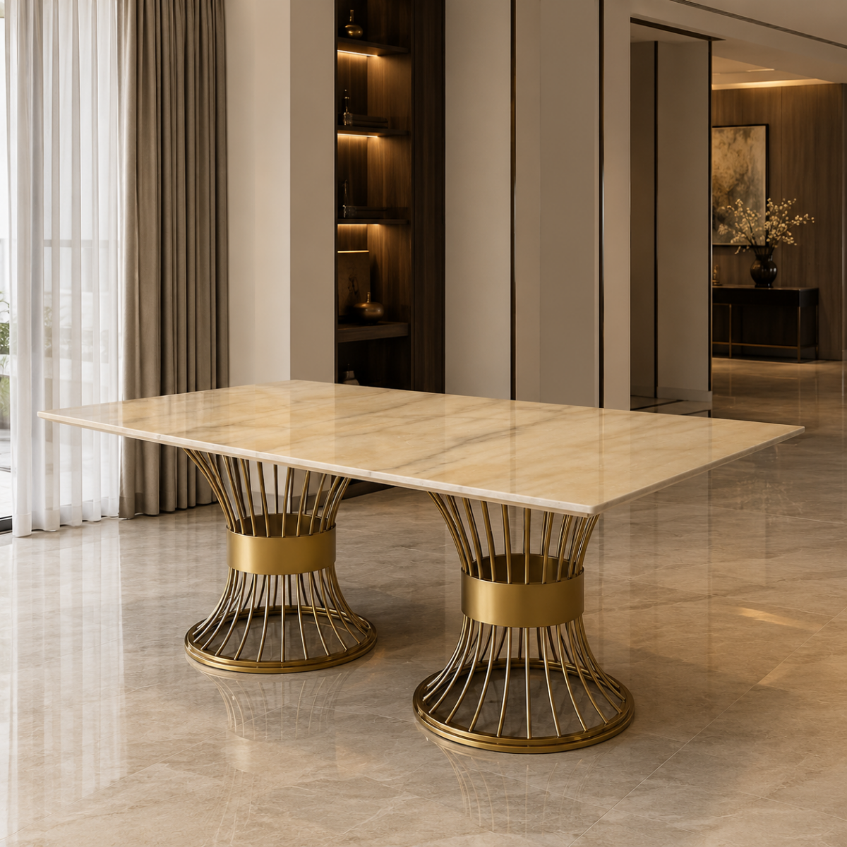 Wooden Twist Luxury Marble Top Dining Table with Gold Metal Base, 200x90cm, Seats 6-8