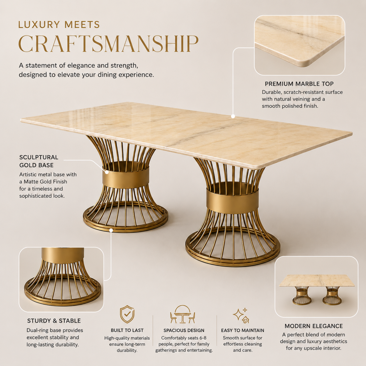 Wooden Twist Luxury Marble Top Dining Table with Gold Metal Base, 200x90cm, Seats 6-8
