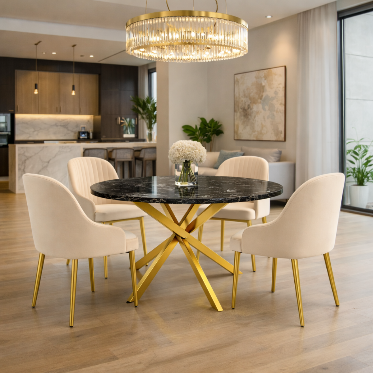 Buy Wooden Twist Luxury Round Black Marble Dining Table Set with Chairs ...