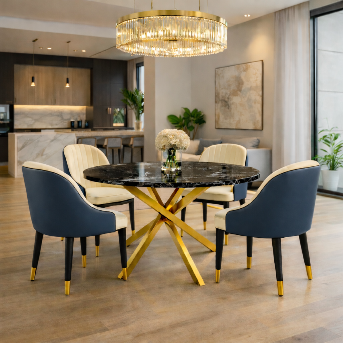 Buy Wooden Twist Luxury Round Black Marble Dining Table Set with Modern ...