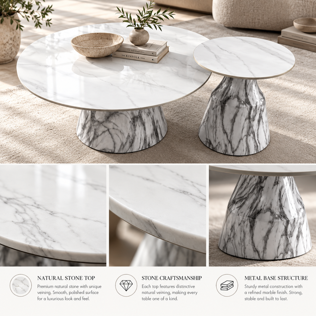 Wooden Twist Marmora Stone Top Coffee Table Set – stone top, edge and metal base details