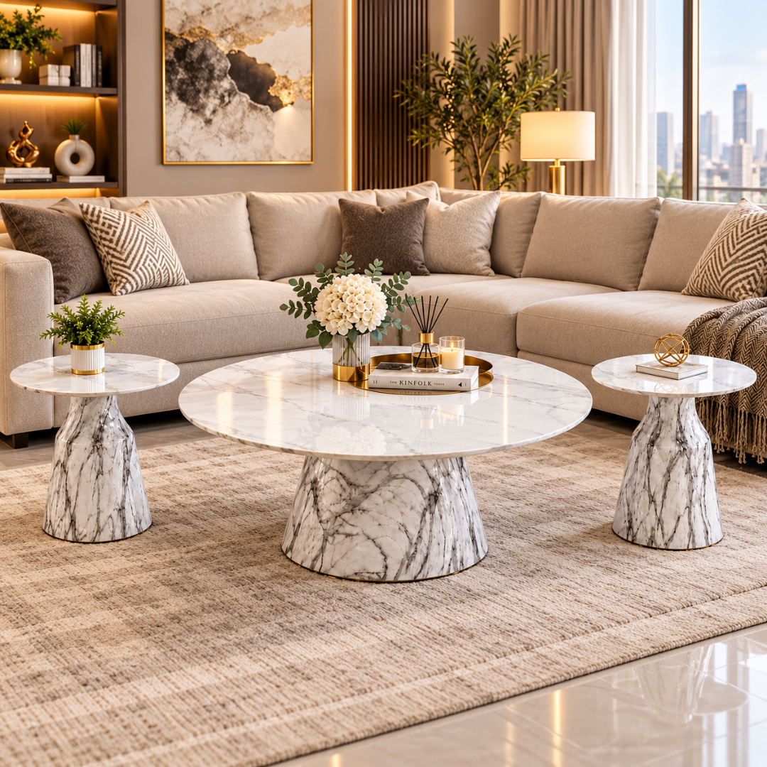 Wooden Twist Marmora Stone Top Coffee Table Set of 3 – living room