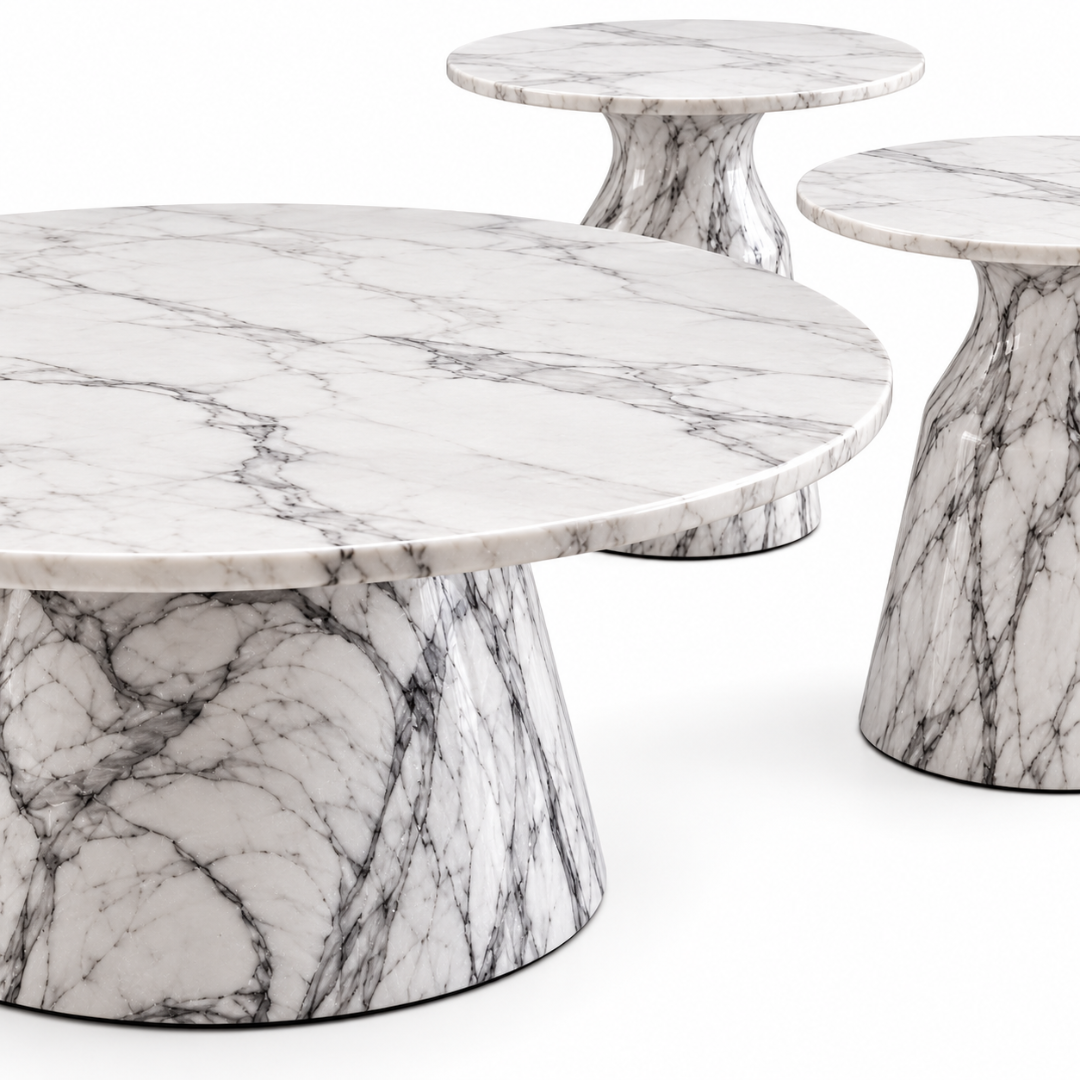 Wooden Twist Marmora Stone Top Coffee Table Set of 3 – close-up view