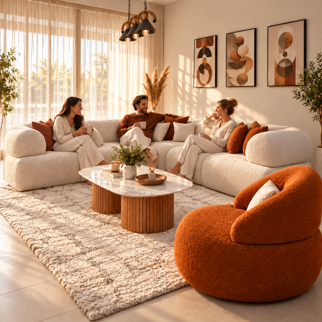 Wooden Twist Nuvola Modular Boucle L-Shaped Sofa with Matching Accent Chair – 290 x 240 cm (Cream & Rust Orange)