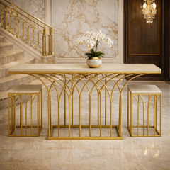 طاولة وحدة تحكم خشبية ملتوية أنيقة بمدخل من الفولاذ المقاوم للصدأ وسطح من الرخام (مجموعة من 3 قطع)