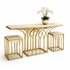 طاولة وحدة تحكم خشبية ملتوية أنيقة بمدخل من الفولاذ المقاوم للصدأ وسطح من الرخام (مجموعة من 3 قطع)