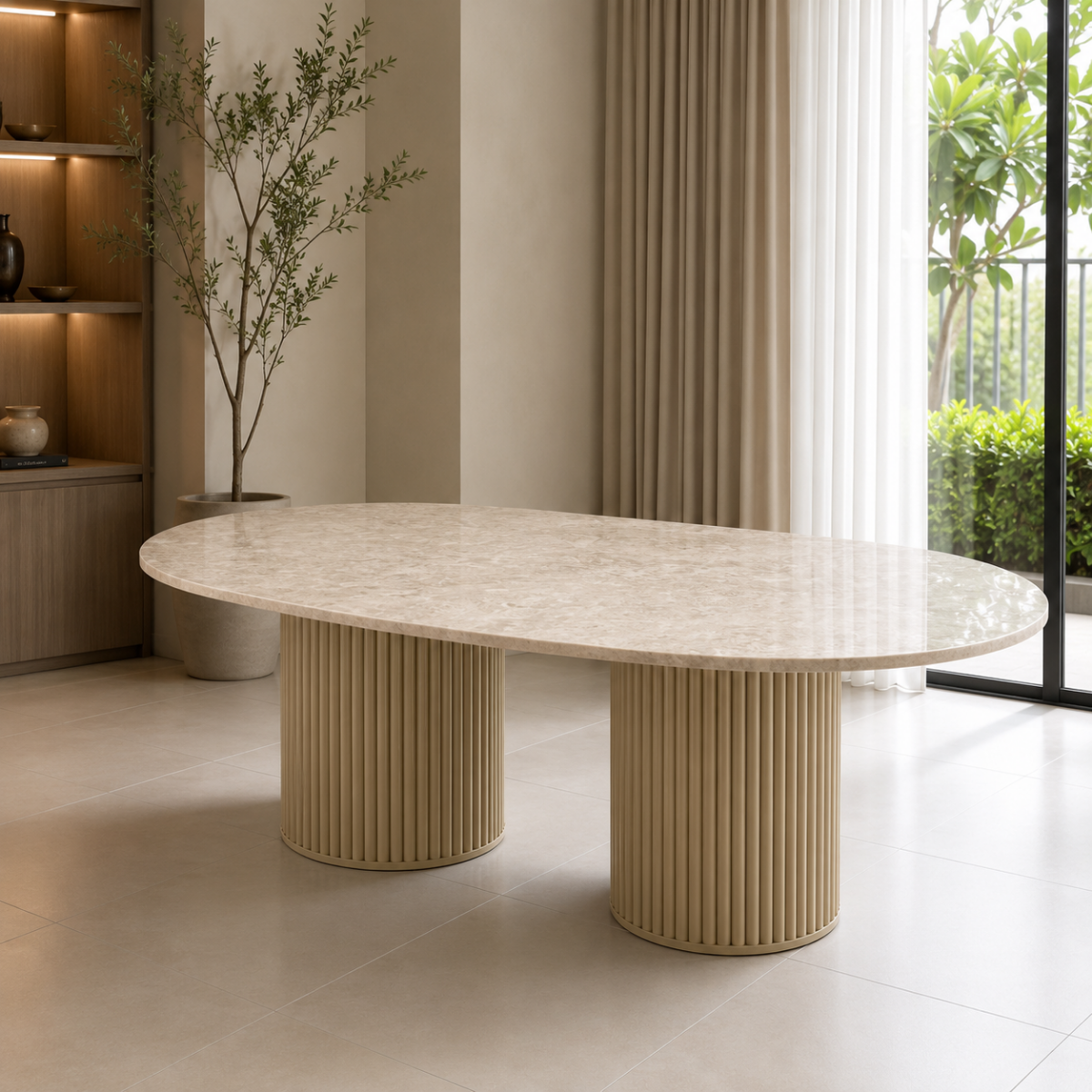 Wooden Twist Oval Cream Marble Dining Table with Fluted Double Pedestal Base