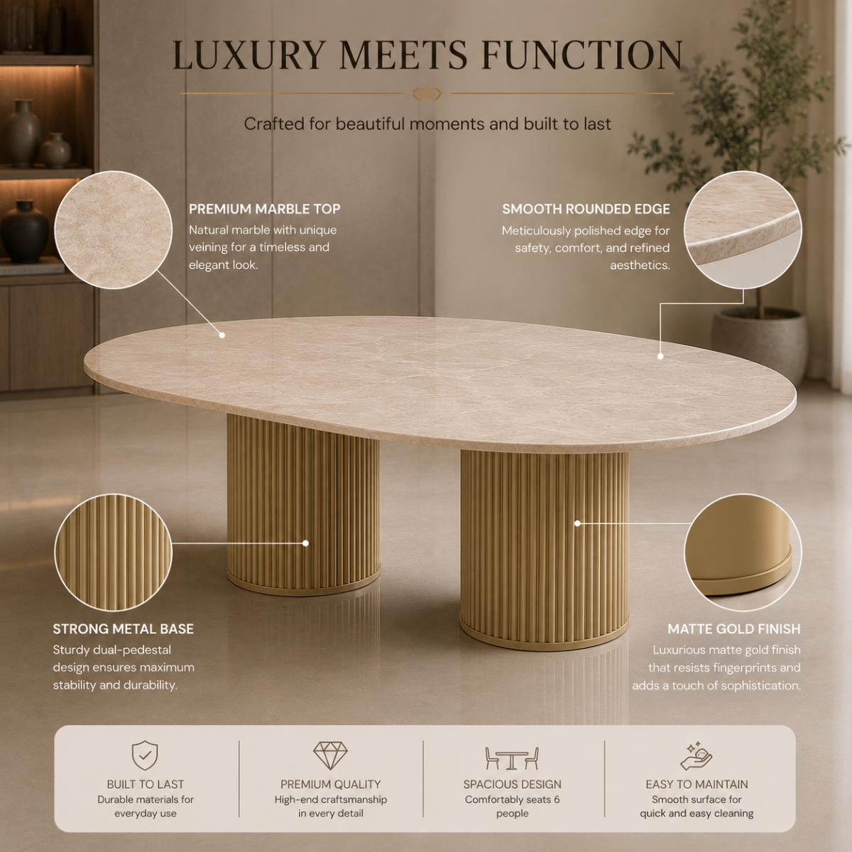 Wooden Twist Oval Cream Marble Dining Table with Fluted Double Pedestal Base