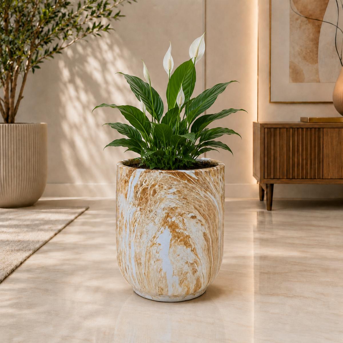 Wooden Twist Premium Round Ceramic Plant Pot for Balcony & Garden