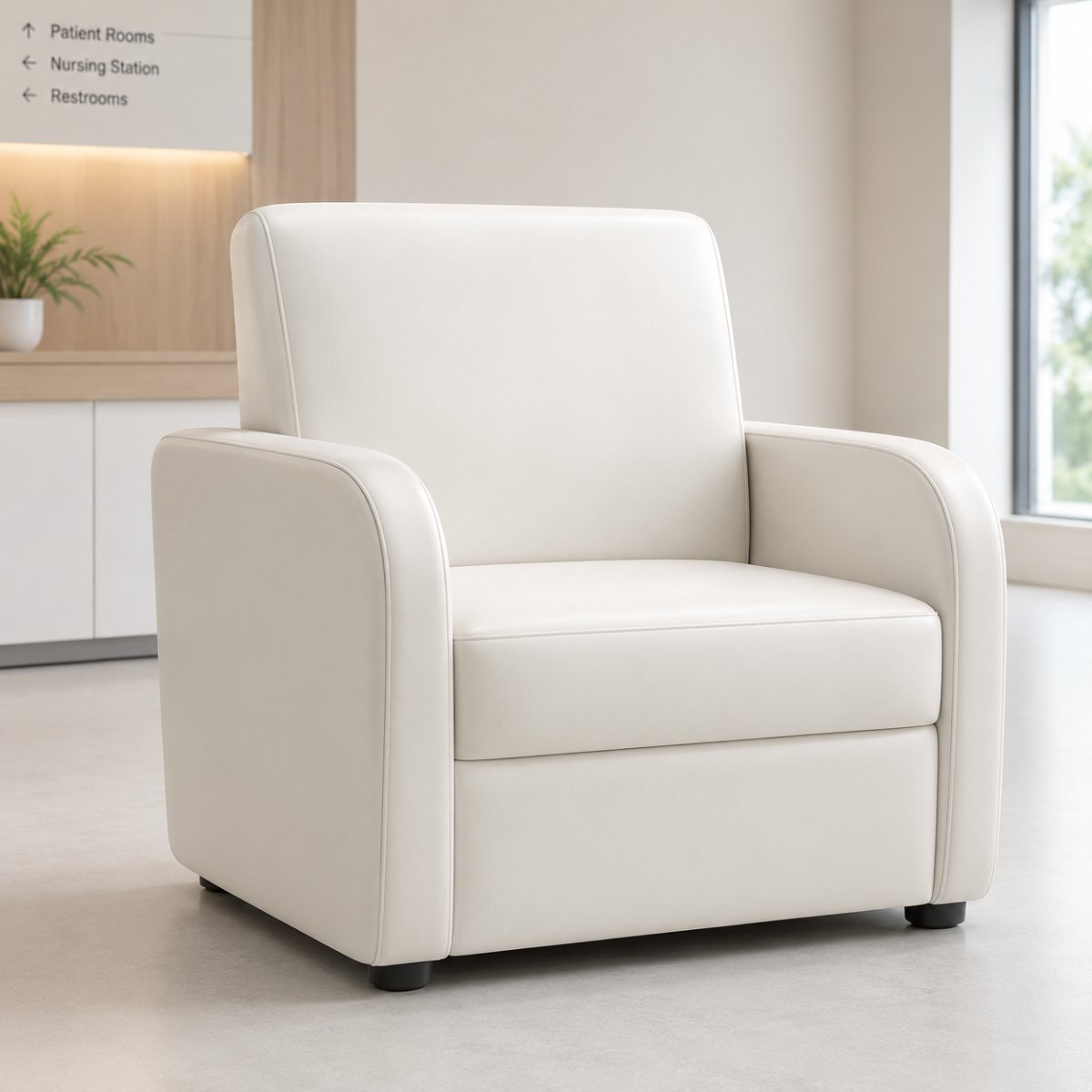 Wooden Twist Medora Care 1 Seater Sofa in White PU Leather in a hospital waiting room setting