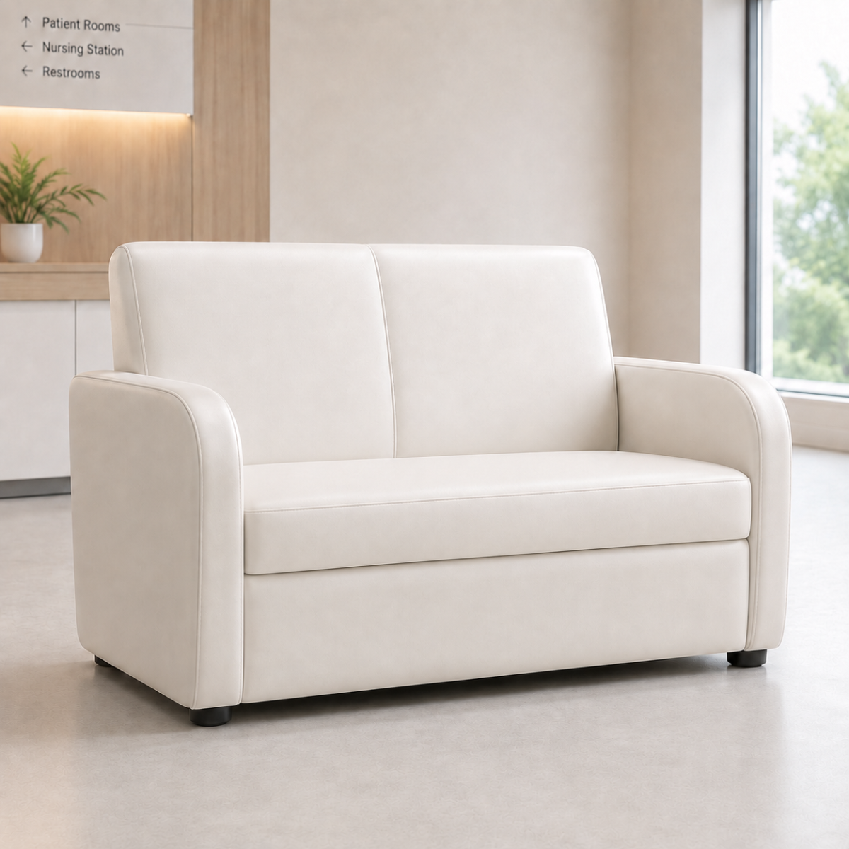 Wooden Twist Medora Care 2 Seater Sofa in White PU Leather in a hospital waiting room setting
