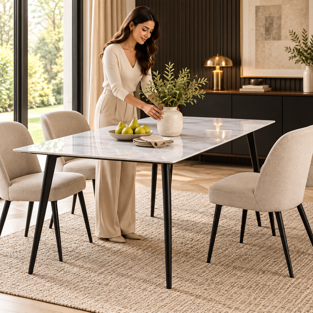 Wooden Twist Modern Rectangular Dining Table with Sintered Stone Marble Effect Top & Tapered Metal Legs, 120 x 70 cm (White)