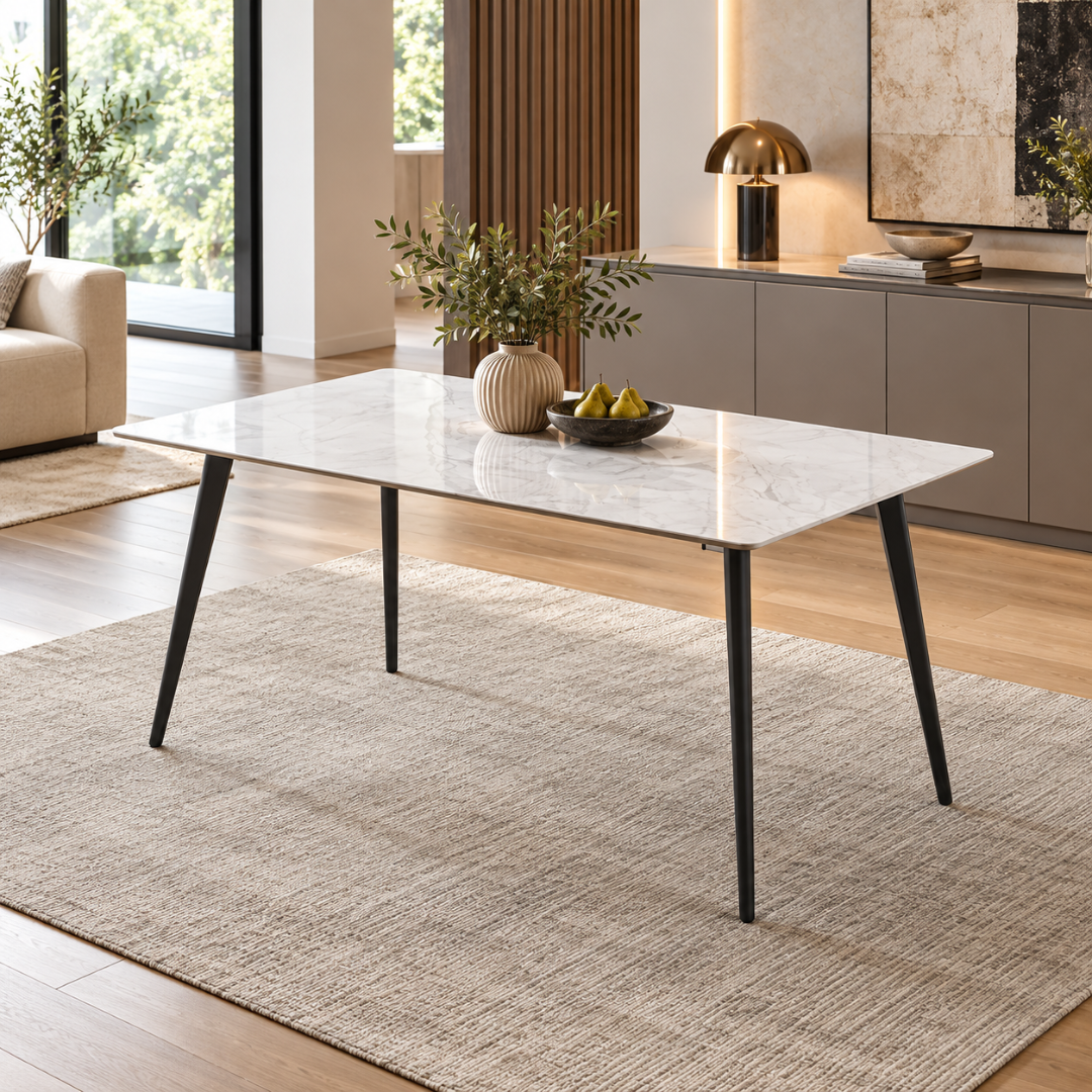 Wooden Twist Modern Rectangular Dining Table with Sintered Stone Marble Effect Top & Tapered Metal Legs, 120 x 70 cm (White)