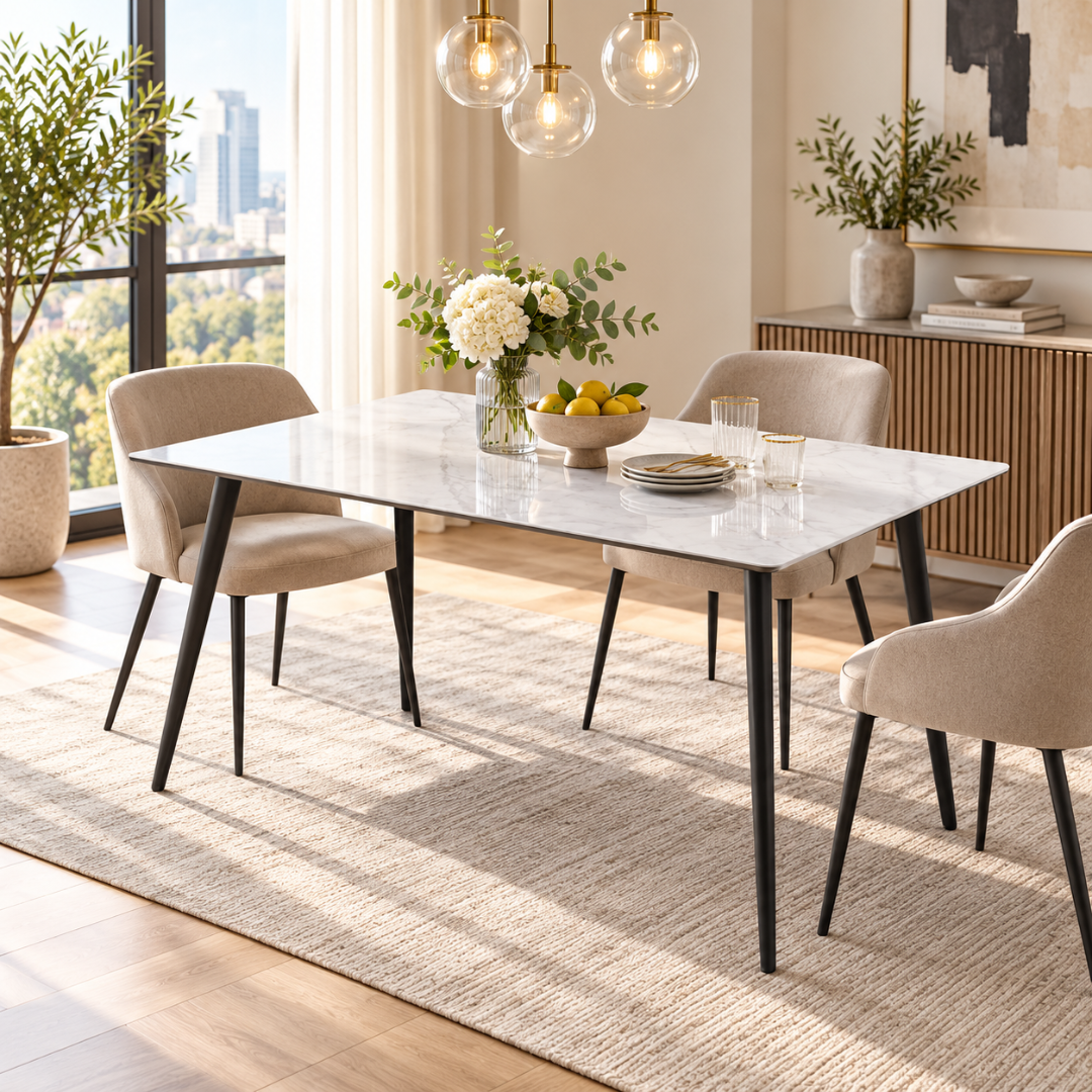 Wooden Twist Modern Rectangular Dining Table with Sintered Stone Marble Effect Top & Tapered Metal Legs, 120 x 70 cm (White)