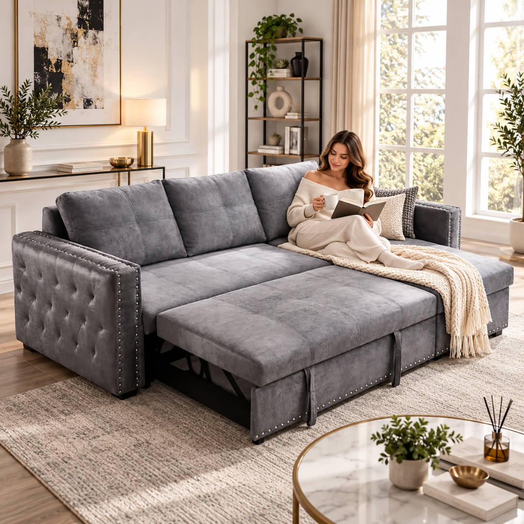 Wooden Twist Modern L-Shape Sofa Bed with Storage Grey – Relaxing on the Extended Bed