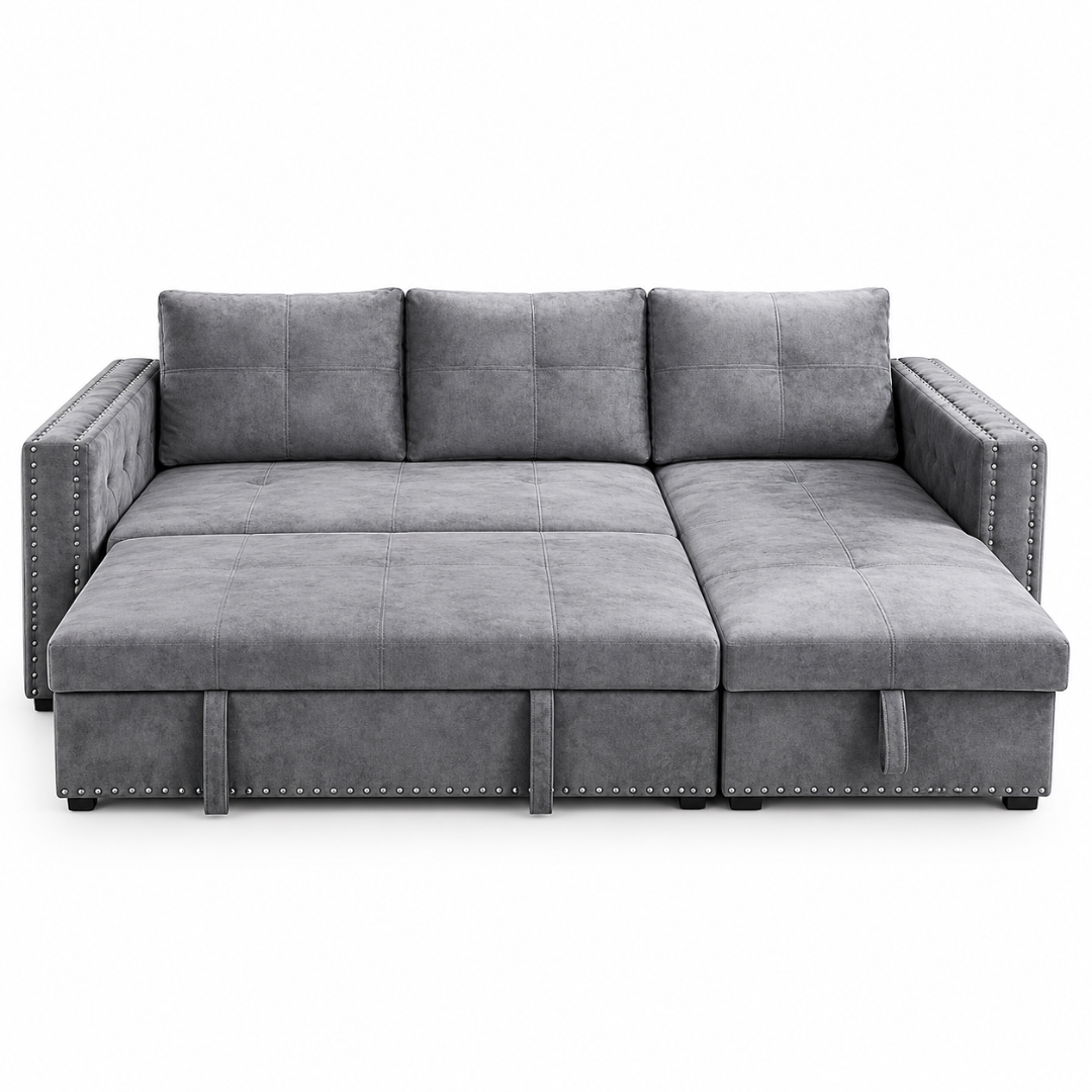 Wooden Twist Modern L-Shape Sofa Bed with Storage Grey – Front View with Bed Pulled Out