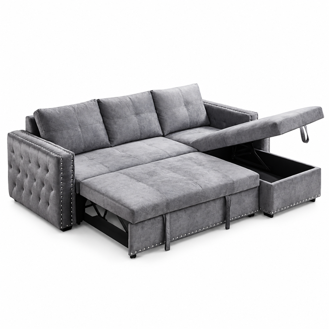 Wooden Twist Modern L-Shape Sofa Bed with Storage Grey – Angle View with Bed and Storage Open