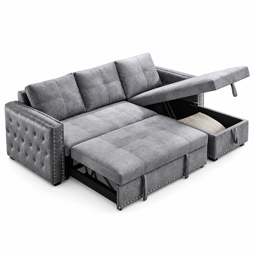 Wooden Twist Modern L-Shape Sofa Bed with Storage Grey – Storage Chaise Open with Blanket