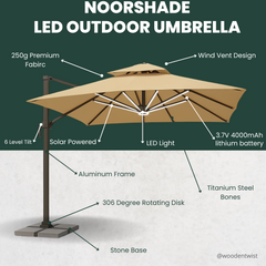 Wooden Twist Noorshade Solar Powered LED Outdoor Umbrella UV-Resistant Waterproof Canopy with Rotating Handle for Garden & Patio