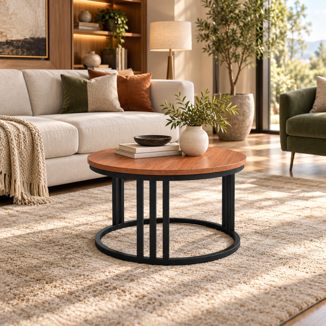 Wooden Twist Round Coffee Table Walnut & Black – in a sunlit living room in front of a beige sofa