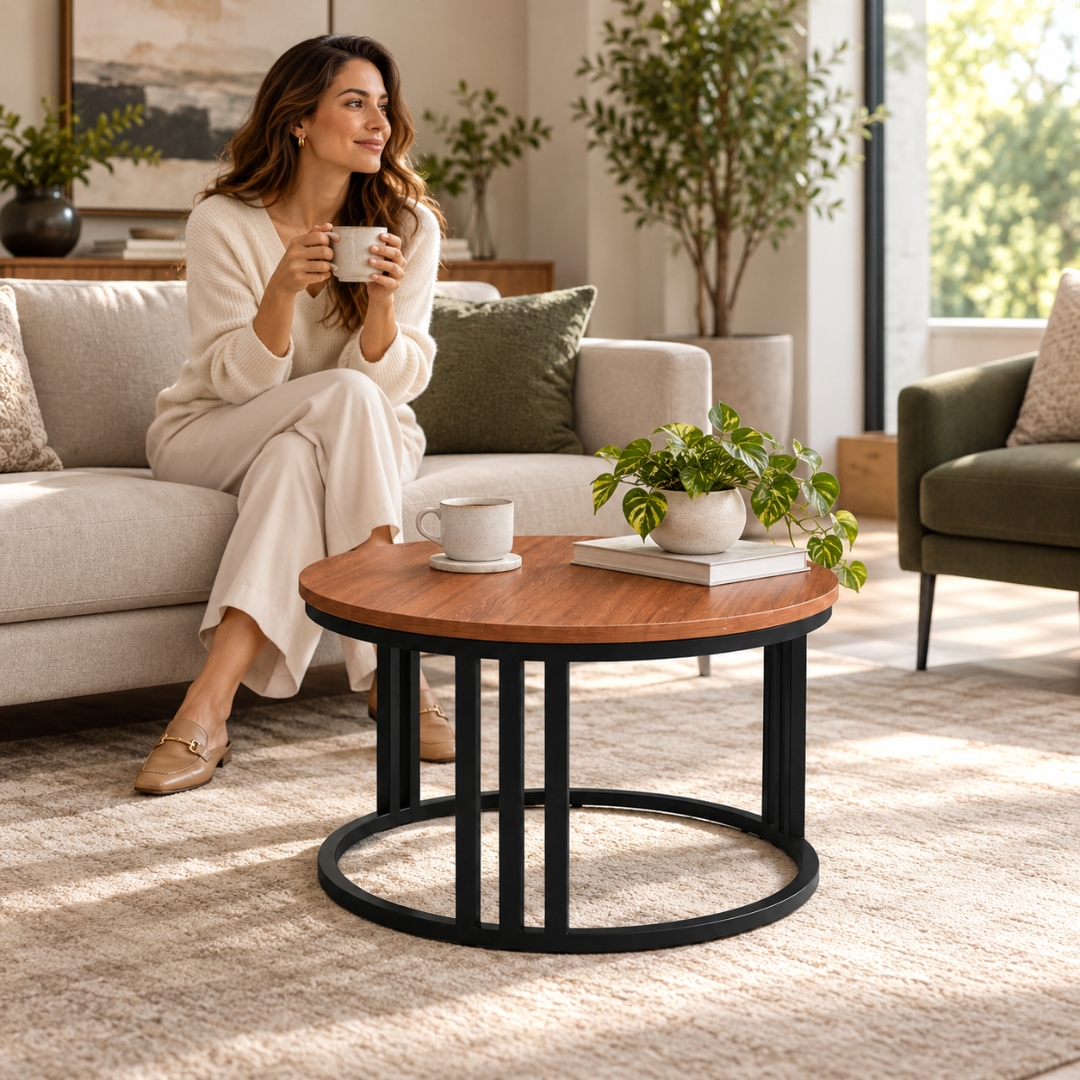 Wooden Twist Round Coffee Table Walnut & Black – woman with coffee seated beside the table