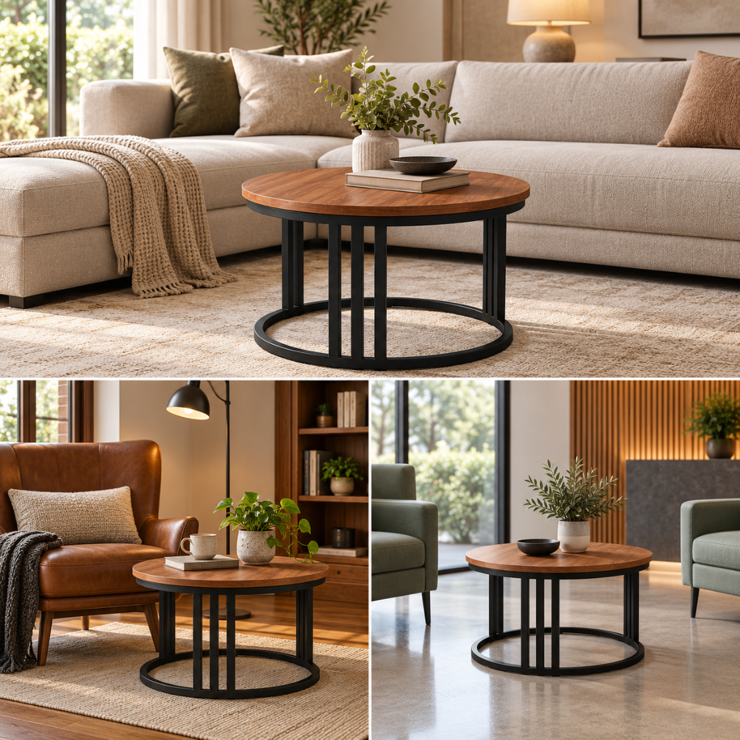 Wooden Twist Round Coffee Table Walnut & Black – styled in a living room, reading corner and office lounge