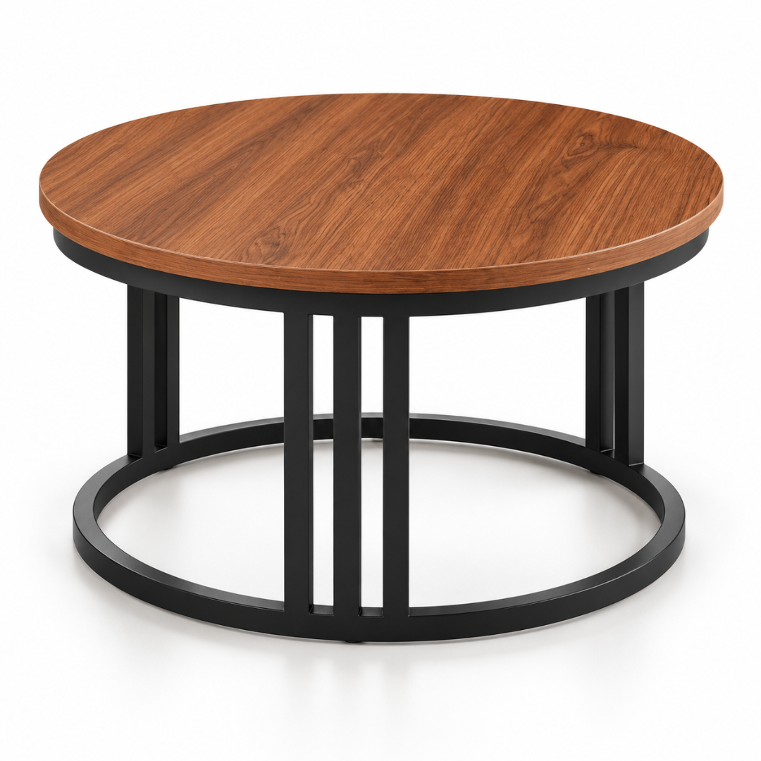 Wooden Twist Round Coffee Table Walnut & Black – angled studio view of round base ring