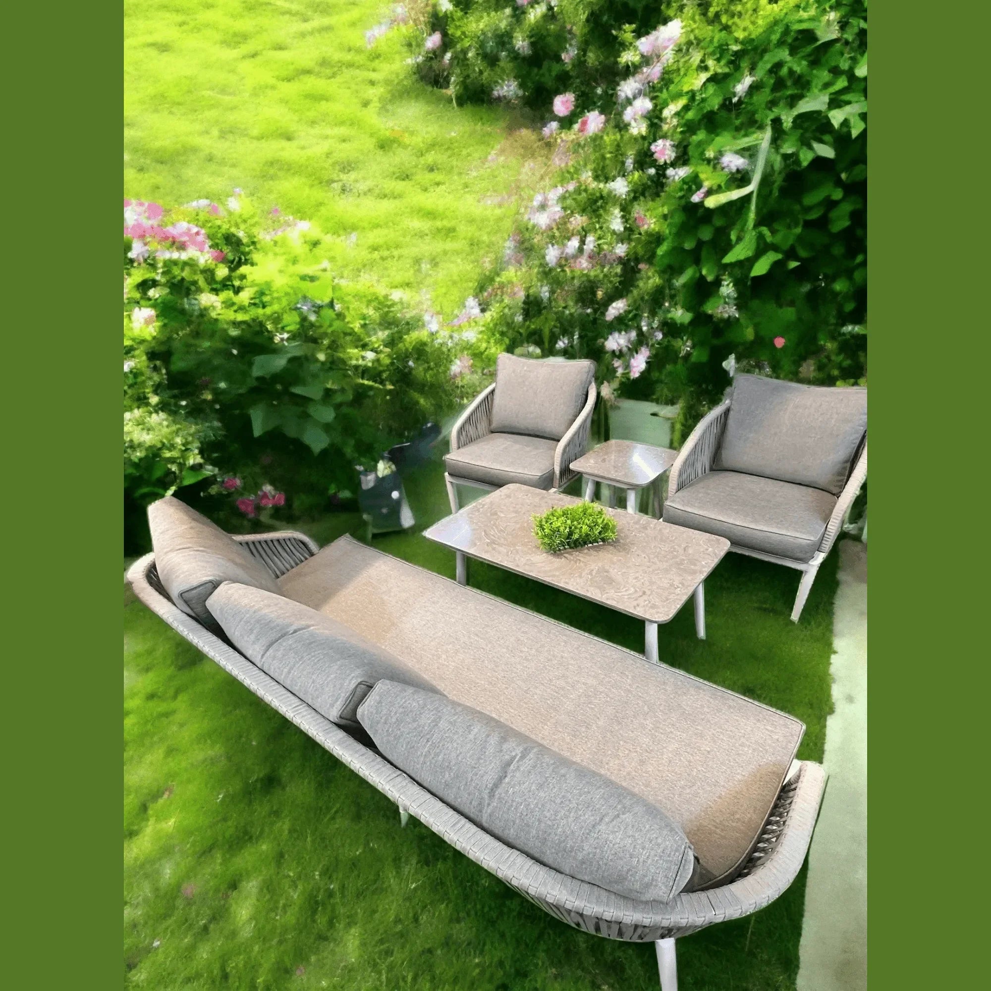 Wooden Twist Peristyle Look Aluminum Chair and Outdoor Furniture 3+1+1 with Table Top Ceramic - Wooden Twist UAE