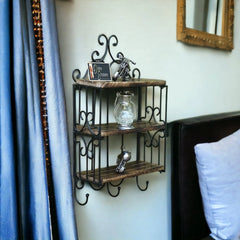 Wooden & Iron 3 Shelf Book/ Kitchen Rack With Cloth/Cup Hanger - Wooden Twist UAE