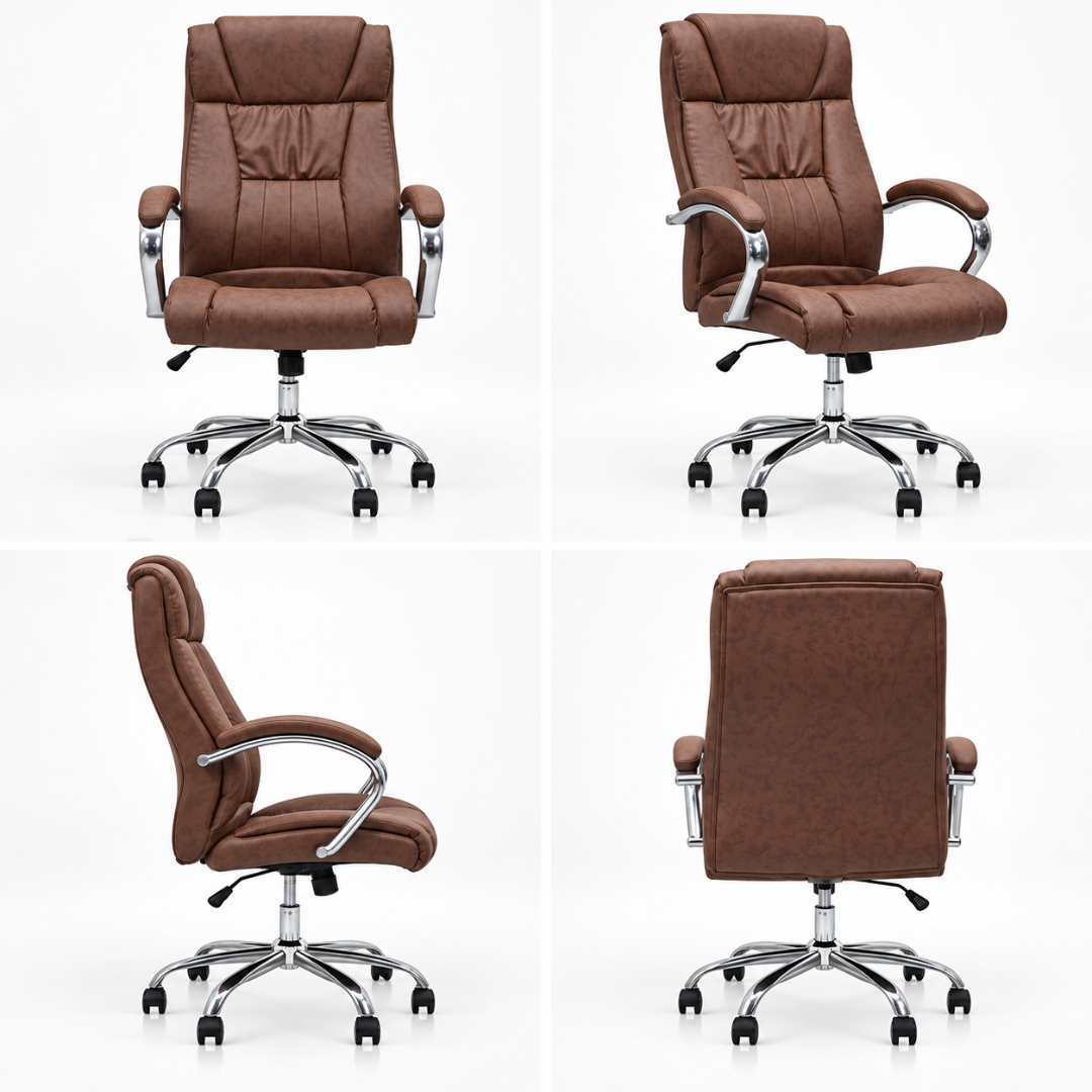 Wooden Twist Bellano Brown Leatherette Executive Office Chair – front, angle, side and back views