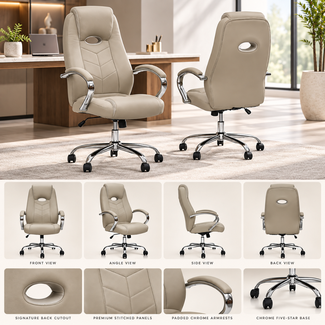 Wooden Twist Arvella Beige Leatherette Executive Office Chair – all views and details
