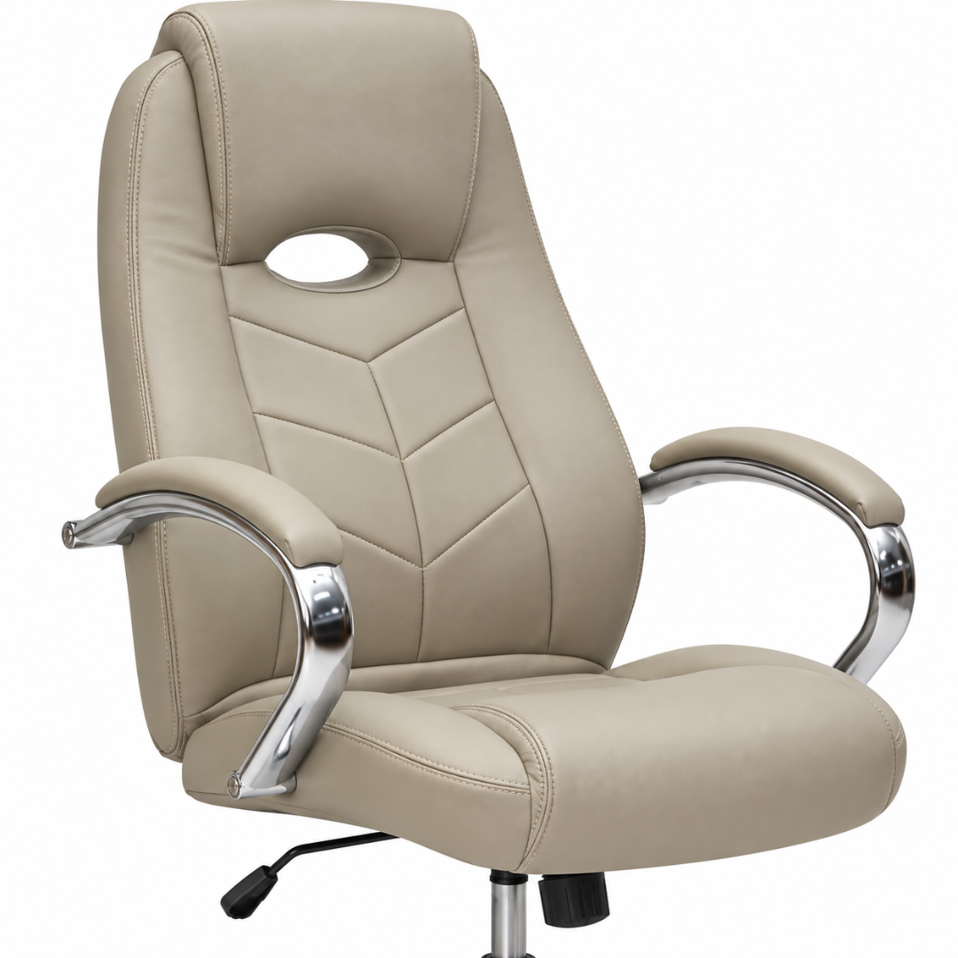 Wooden Twist Arvella Beige Leatherette Executive Office Chair – oval cutout and stitching close-up