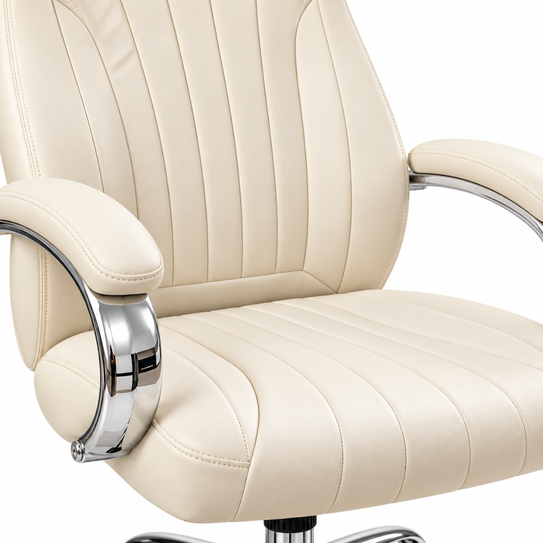 Wooden Twist Ivora Cream Leatherette Executive Office Chair – channel stitching and armrest close-up