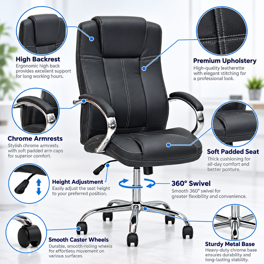 Wooden Twist Corvino Black Leatherette Executive Office Chair – key features
