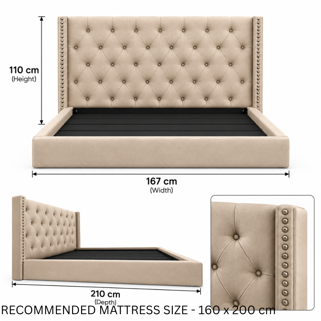 Wooden Twist Holland Wingback Tufted Velvet Bed Golden – Queen 160 dimensions 167 x 210 x 110 cm