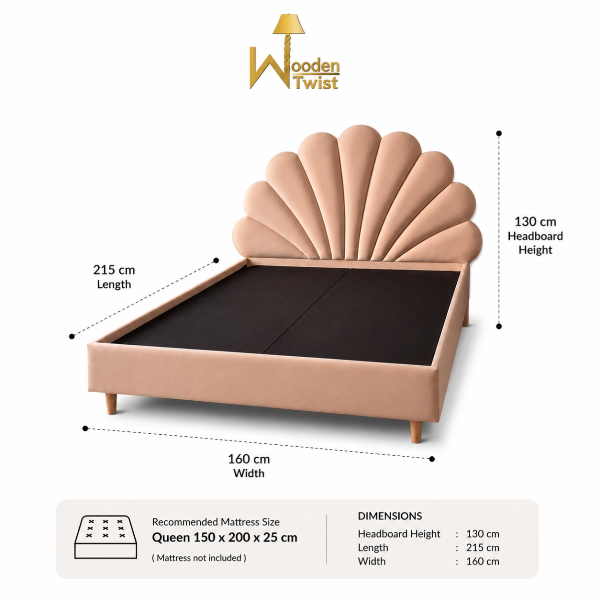 Wooden Twist Dazzling Modern Glam Velvet Bed - Queen 150x200cm dimensions