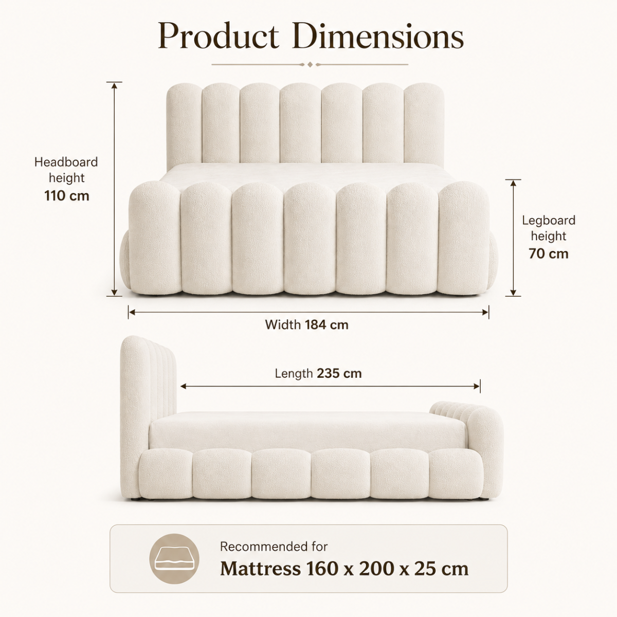 Wooden Twist Sculpted Comfort Bouclé Bed - dimensions Queen 160 x 200 cm