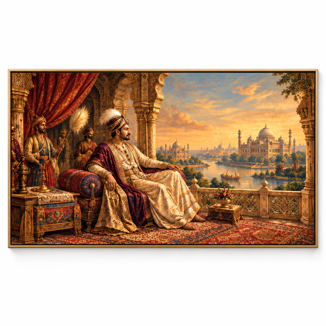 Wooden Twist Royal Maharaja golden framed canvas painting – front view on white background