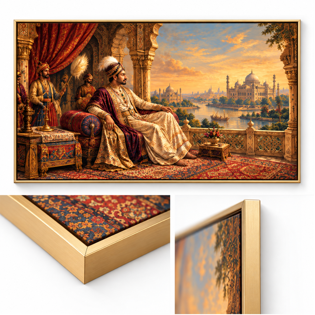 Wooden Twist Royal Maharaja golden framed canvas – close-up of the golden metal frame corner and edge