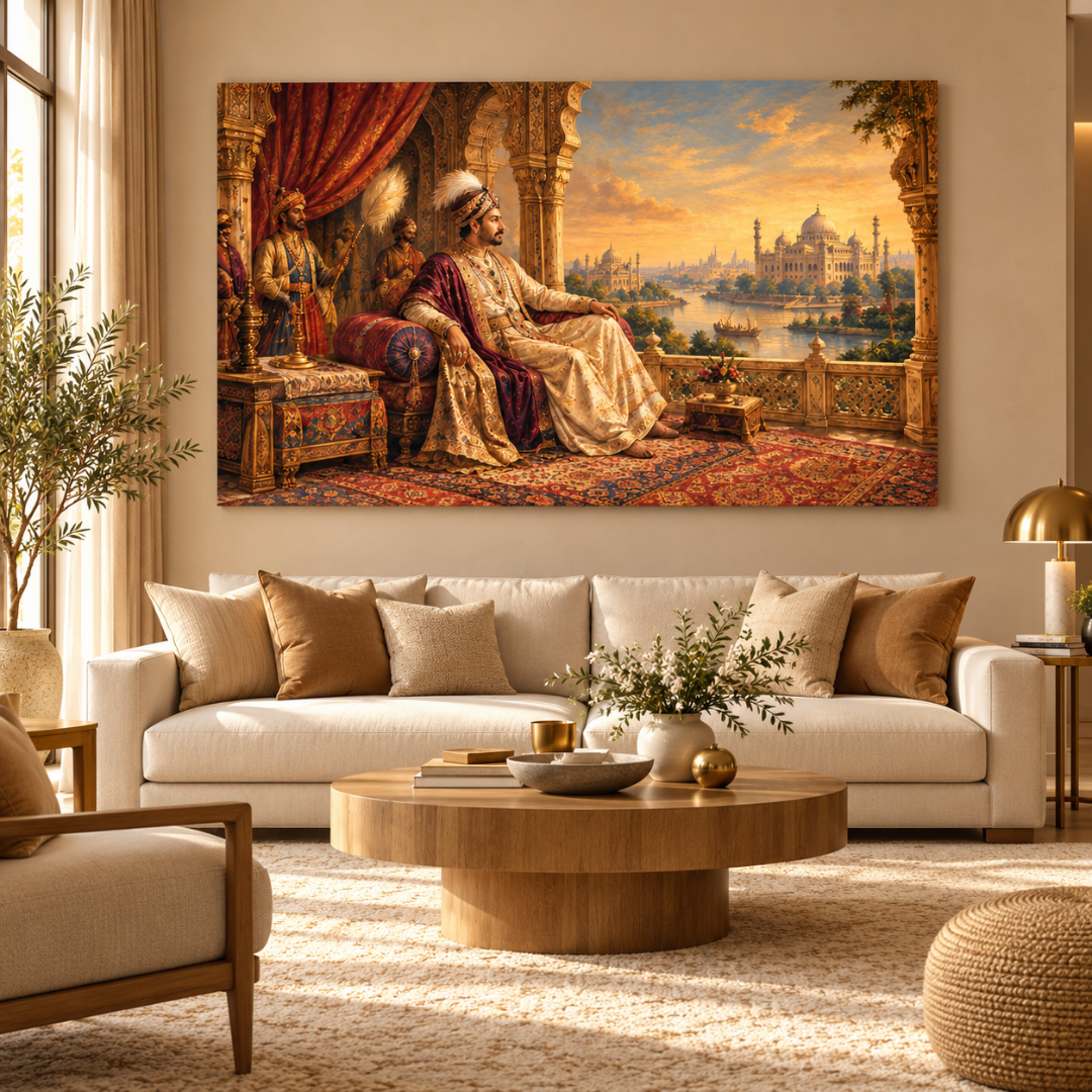 Wooden Twist Royal Maharaja Mughal palace sunset frameless canvas wall art – lifestyle view above a sofa in a luxury living room