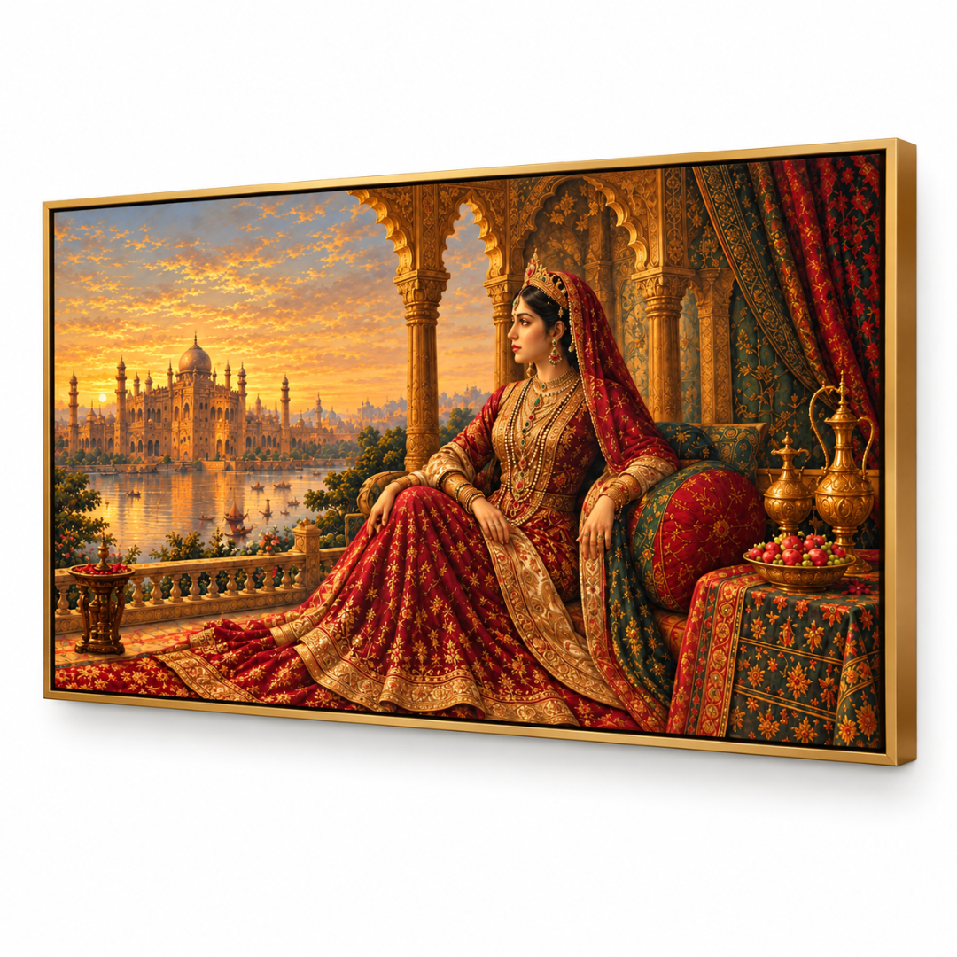 Wooden Twist Royal Maharani Indian heritage canvas with golden metal frame – side angle view on white background