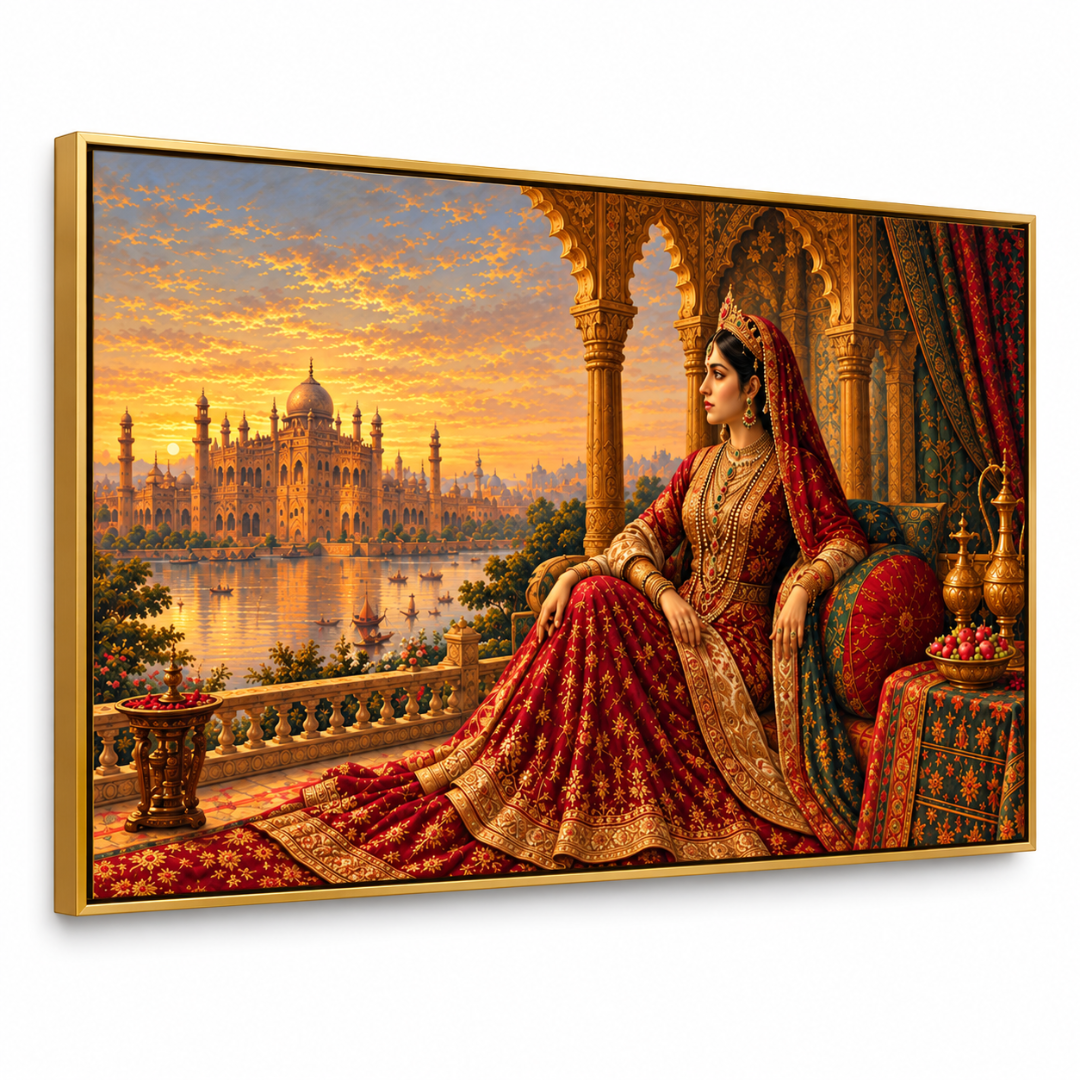 Wooden Twist Royal Maharani canvas wall art with golden metal frame – angled view on white background