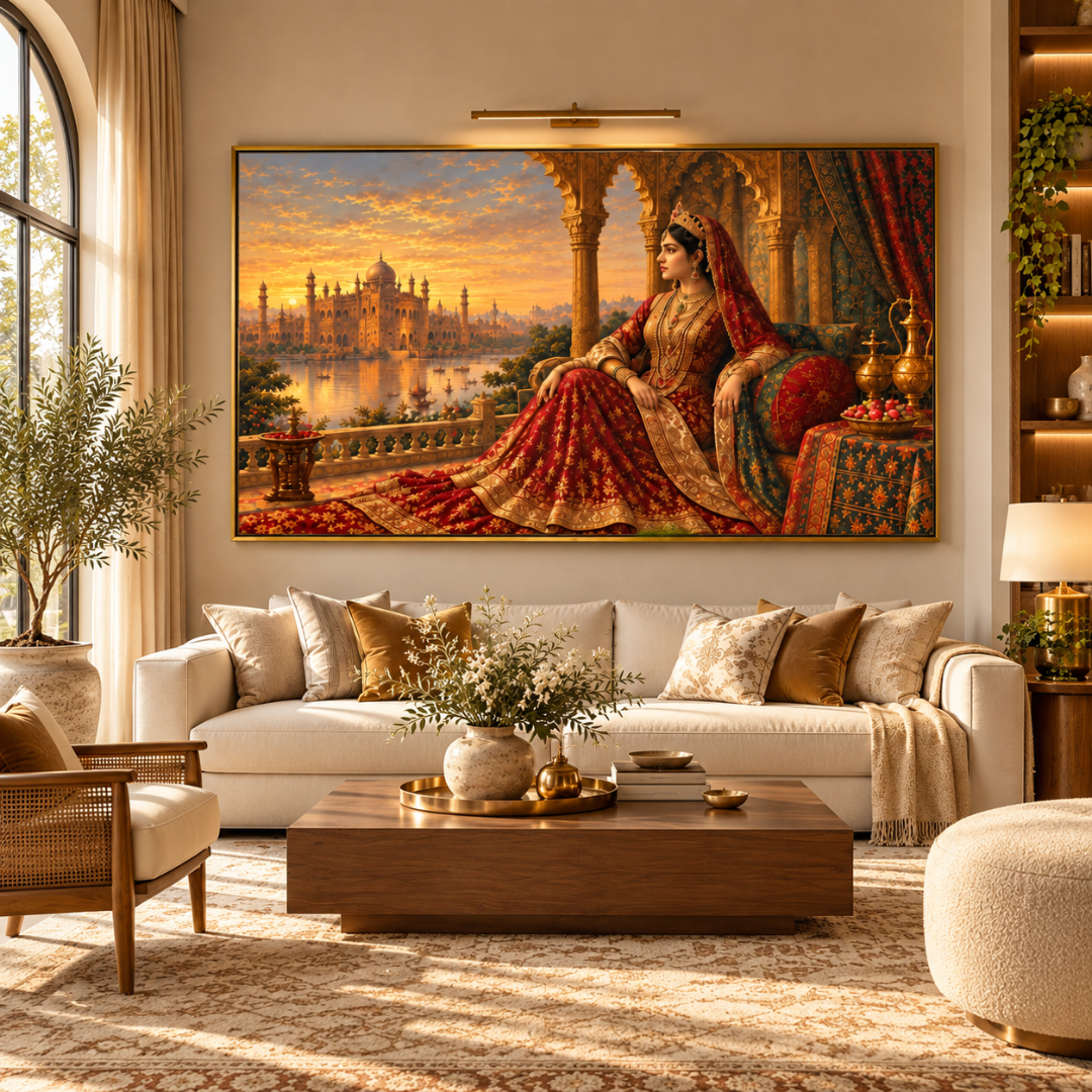 Wooden Twist Royal Maharani golden framed canvas painting – lifestyle view in a bright living room